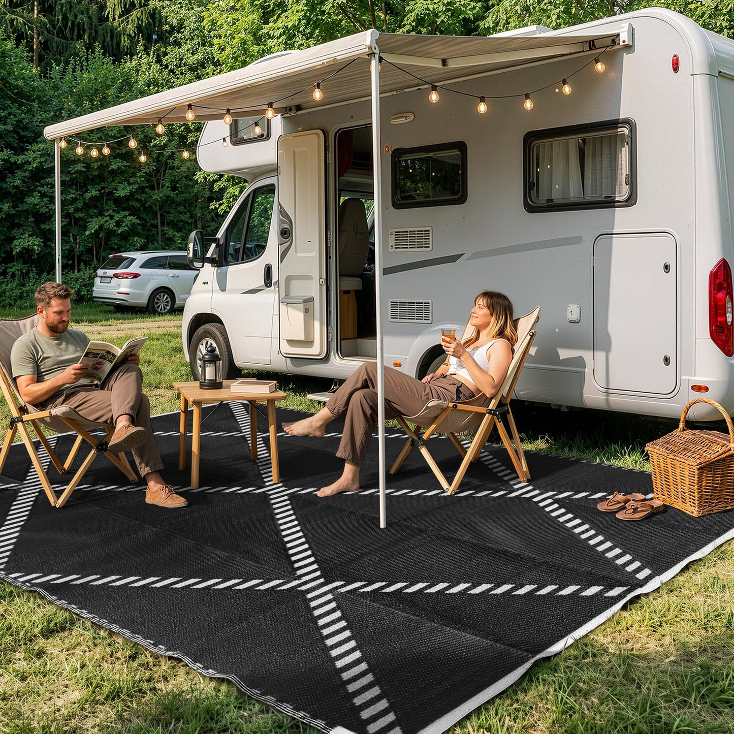 Wonnitar Outdoor Rug 6x9, Waterproof Reversible Plastic Straw Rug for Patio, Foldable Camping Mat with Carry Bag for RV, UV-Resistant Outside Rug for Deck, Balcony, Beach, Black & White