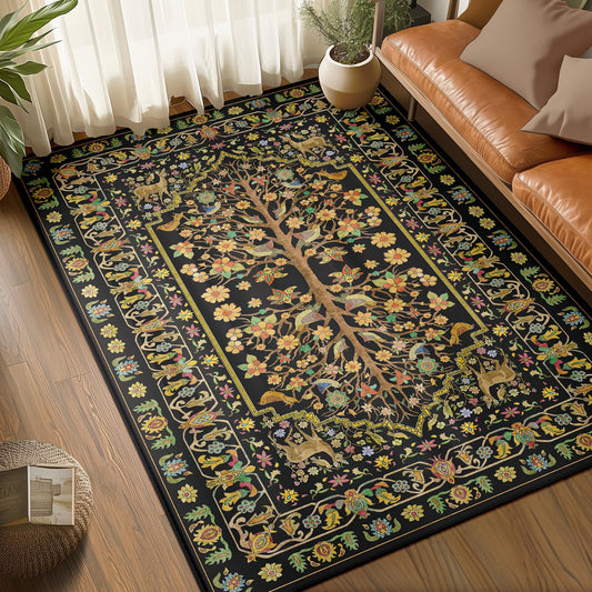 BESTSWEETIE 5x7 Area Rugs Tree of Life-Patterned Washable Rug for Living Room Vintage Printed Low Pile Non Slip Indoor Soft Carpet for Farmhouse Bedroom Kitchen Room, Black/Brown/Green