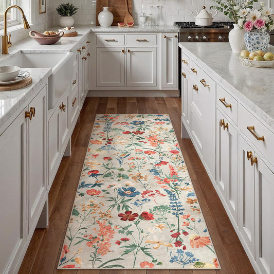 PureCozy Floral Runner Rug 2x6 Washable Hallway Long Beige Bedroom Carpet Non Slip Indoor Boho Kitchen Low Pile Accent Rug Lightweight Soft for Bathroom Dining Laundry Living Room