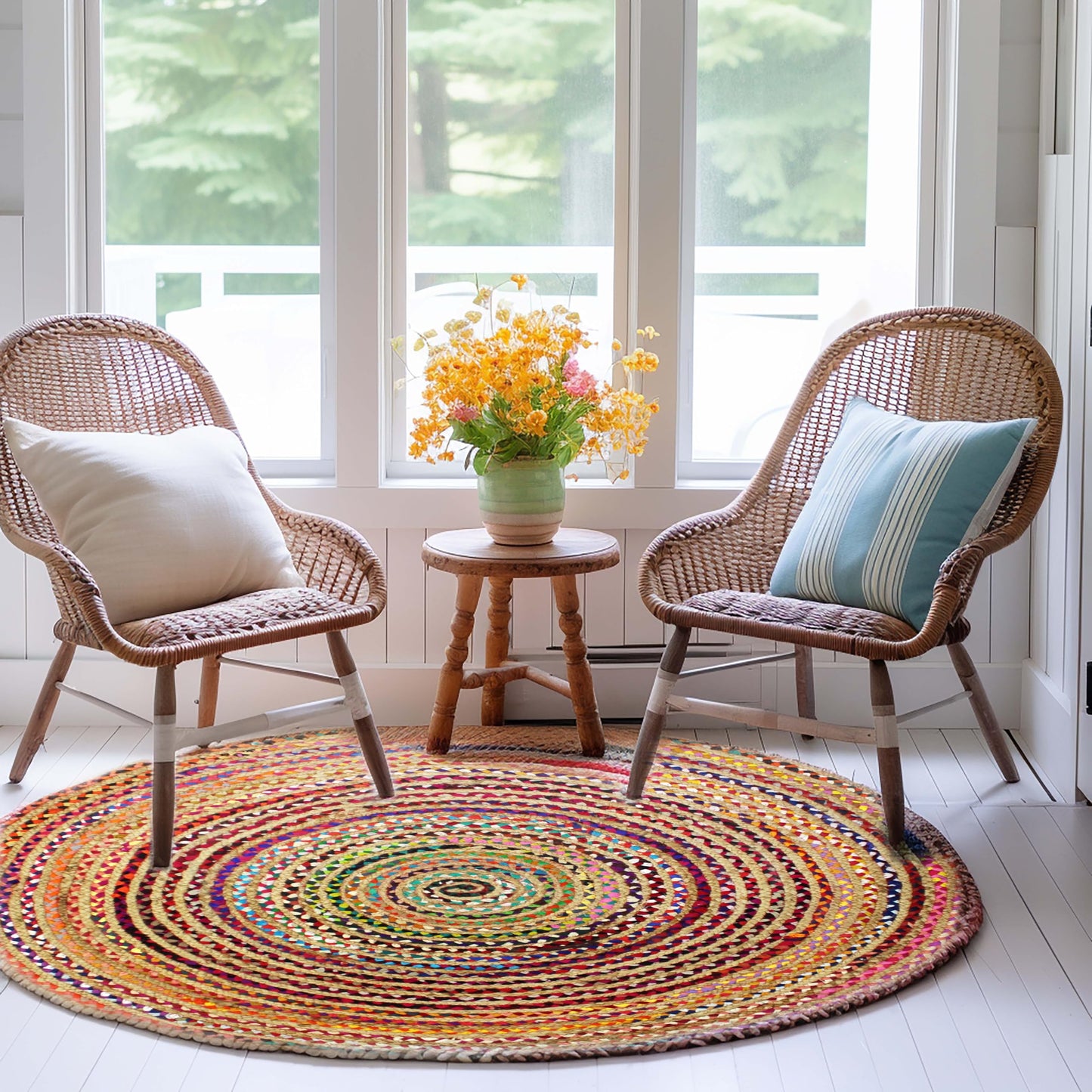 COTTON CRAFT Jute Chindi Braid Rag Rug - Boho Farmhouse Rustic Area Accent Throw Rug - Handwoven Reversible Natural Recycled Cotton - Living Room Den Study Home Décor Gift - 4 Feet Round - Multi Color