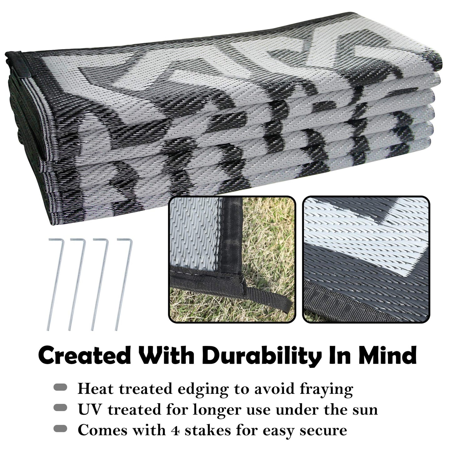 SAND MINE Reversible Mats, Plastic Straw Rug, Modern Area Rug, Large Floor Mat and Rug for Outdoors, RV, Patio, Backyard, Deck, Picnic, Beach, Trailer, Camping (9' x 12', Black & Grey)