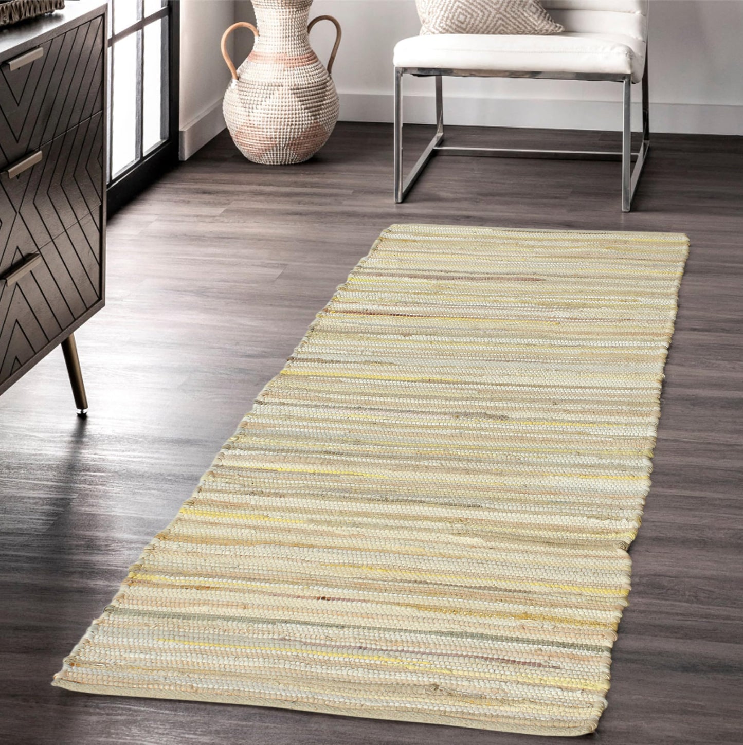 VEVARA HOMES Handmade Cotton Chindi Rug Runner Area Rag Washable Recycled Rugs for Home Décor, Living Room and Bedroom (Beige, 2X6 Feet)