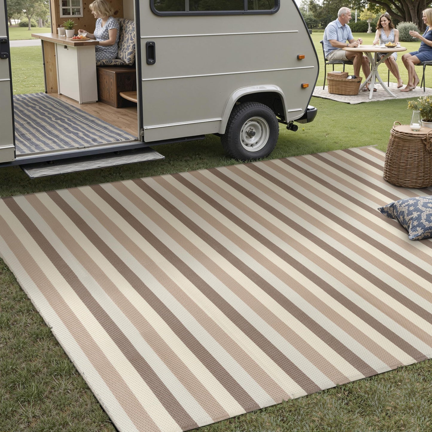 PureCozy Outdoor Waterproof Patio Rug 5x8 Plastic Straw Reversible Outside Beige Striped Carpet Lightweight Large Rug for Camping RV Porch Deck Balcony Beach