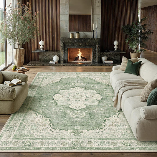 WondRg 8x10 Washable Area Rug Green Living Room Carpet Vintage Low Pile Non Slip Stain Resistance Durable Traditional Rug for Bedroom Dining Room Office Home Decor