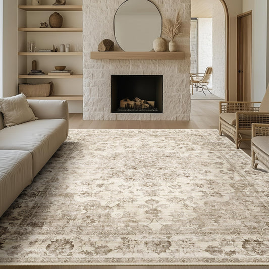 WondRg 10x14 Neutral Area Rug Beige Vintage Living Room Bedroom Washable Carpet Non-Slip Soft Low Pile Farmhouse Indoor Large Throw Rug for Dining Room Office