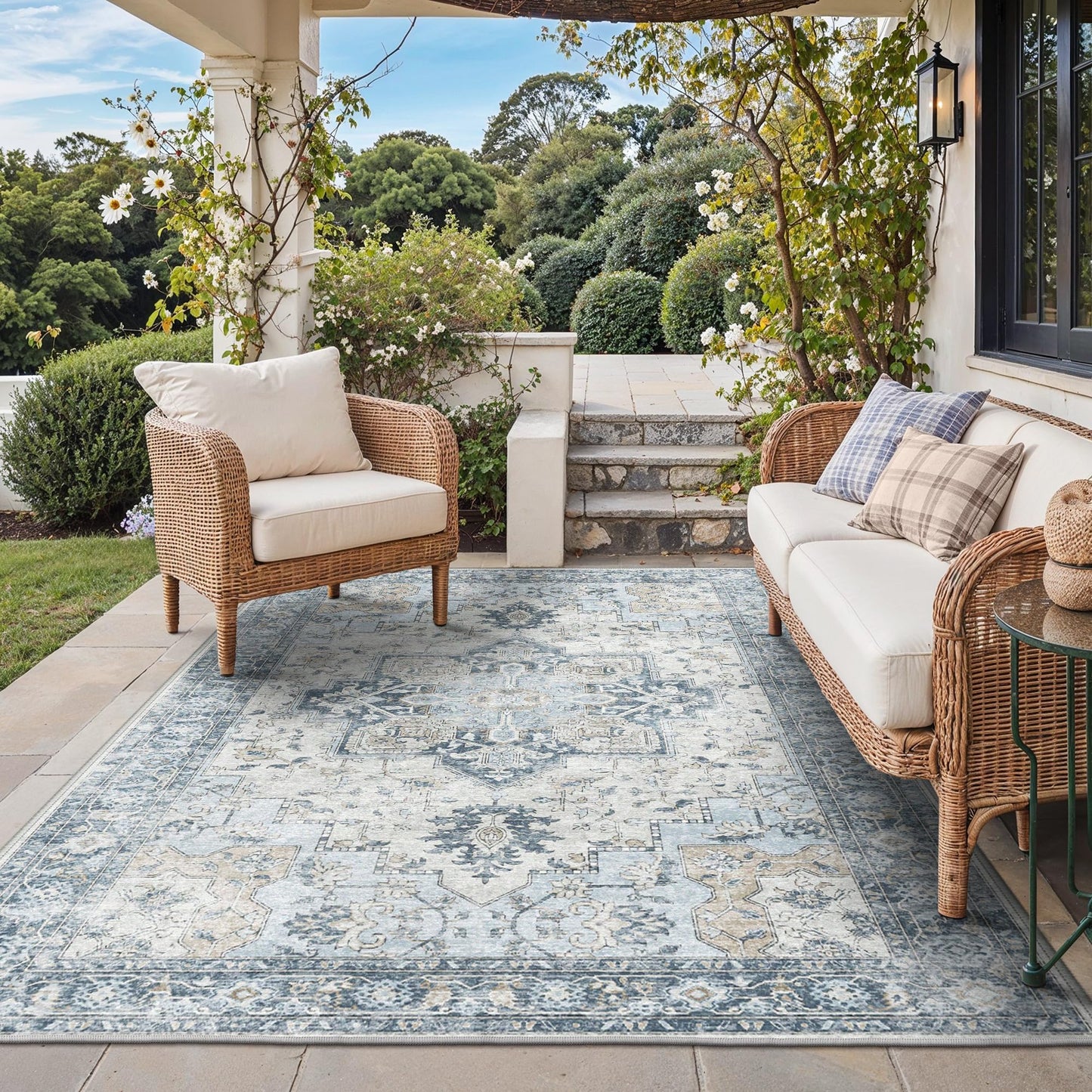 GENIMO Outdoor & Indoor Area Rug 5'x8', Waterproof, Non-Shedding, Easy Cleaning, Boho Mat for Patio, Living Room, Balcony, Dining Room, RV, Deck, Bedroom, Camping, Outside Carpet,Blue