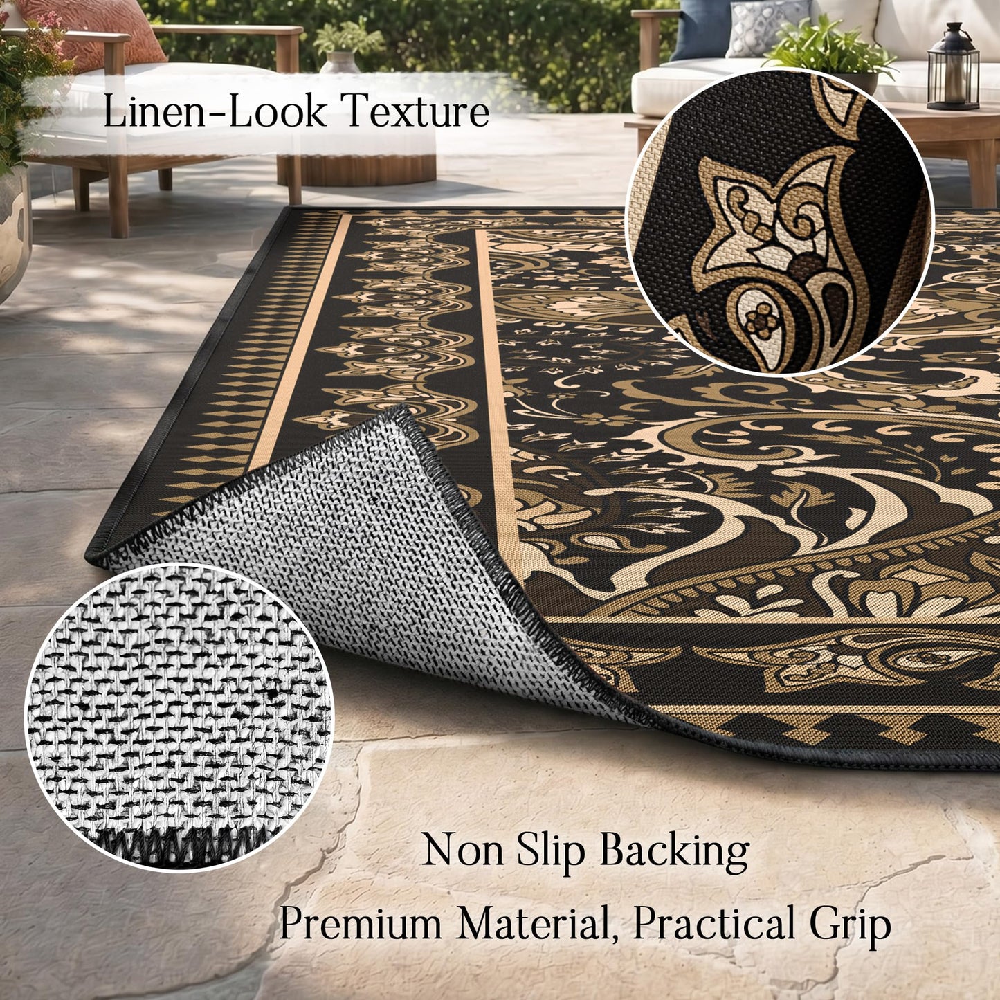 Arenarug Paisley Outdoor Rug Waterproof 5x8, UV Resistant Non Slip Patio Rug, Indoor Outdoor Boho Camping Rug Linen-Look RV Carpet for Deck Balcony Backyard, Taupe