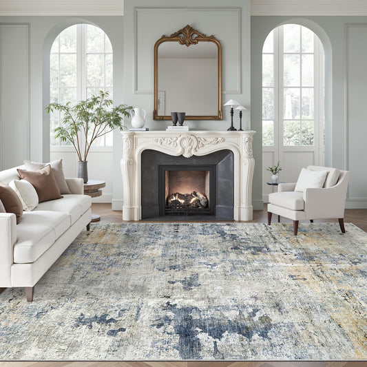 Soalmost Abstract Rug 8x10 Large Living Room Rugs Neutral Modern Washable Area Rugs for Bedroom Dining Room Non-Slip Stain Resistant Foldable Thin Rug Blue Yellow