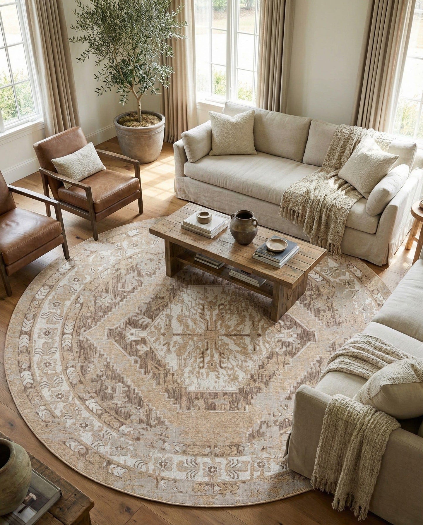Rugs.com - Outdoor Traditional Rug – 13 Ft Round Natural Indoor/Outdoor Rug – Weather Resistant Flatweave for Patios, Decks, and Porches