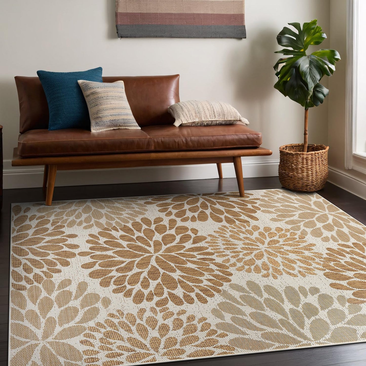 Beverly Rug Outdoor Rug 8x10 Modern Exotic Tropical Leaf Area Rugs for Indoor and Outdoor Patio Deck Porch Garden Water Resistant Washable Outside Carpet (8 x 10 Beige)