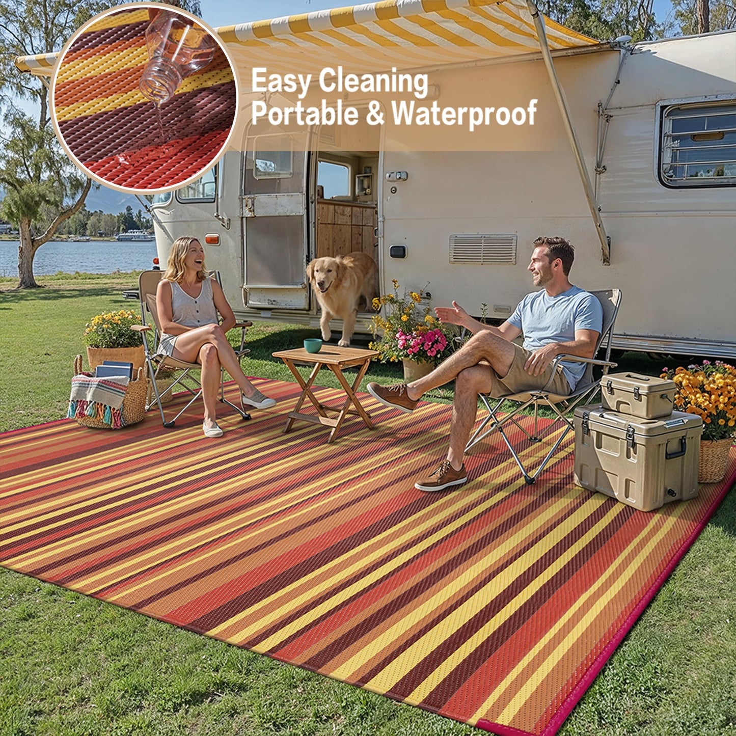 WondRg Outdoor Plastic Straw Rug Waterproof Patio 6x9 Red Orange Stripe Mat for Porch Camping RV Balcony Deck Courtyard Reversible Lightweight Durable Portable Carpet