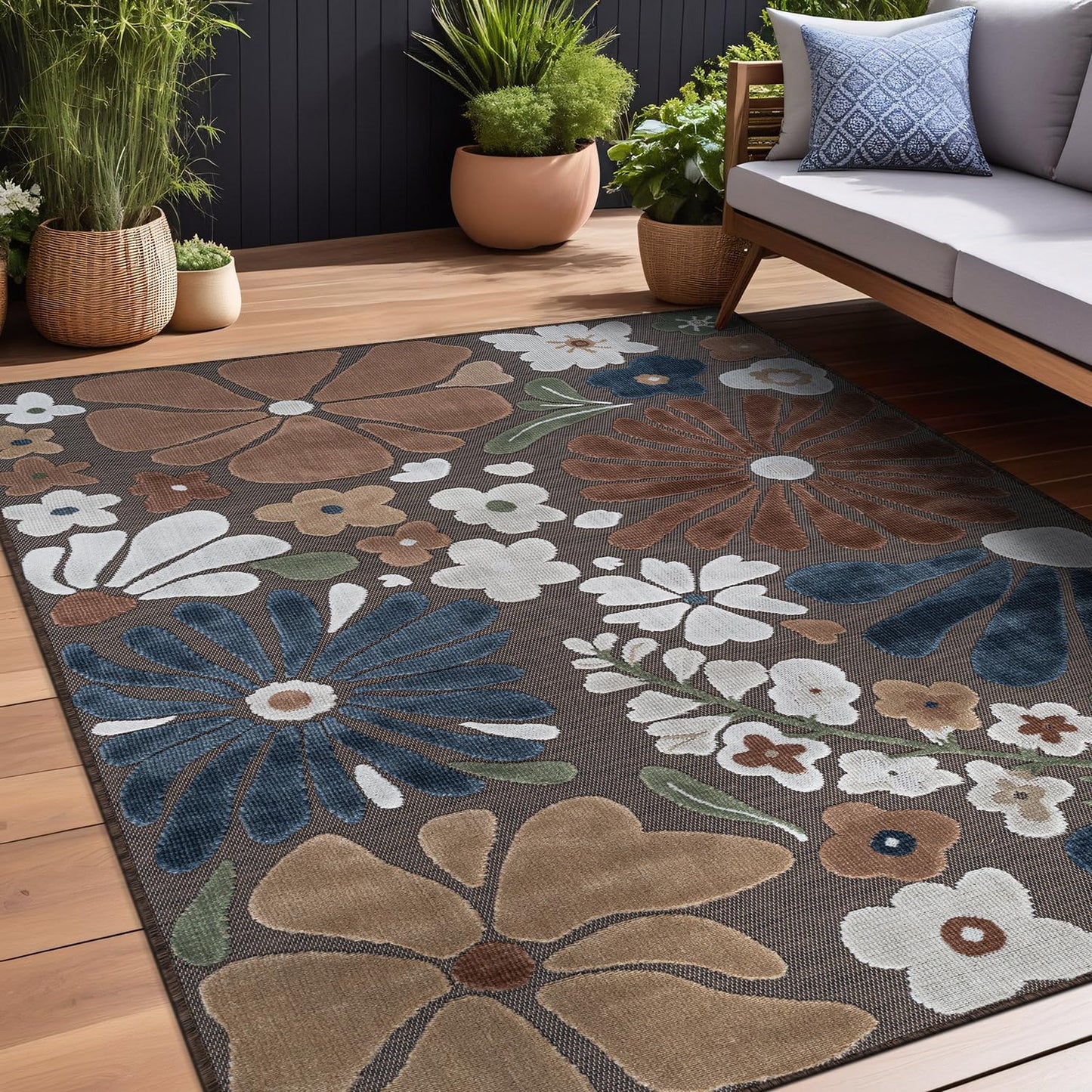Beverly Rug Outdoor Rug 8x10 Modern Floral Tropical Area Rugs for Outdoor and Indoor Patio Easy to Clean Non Shedding Living Room Porch Garden Washable Outside Carpet (8 x 10 Brown)