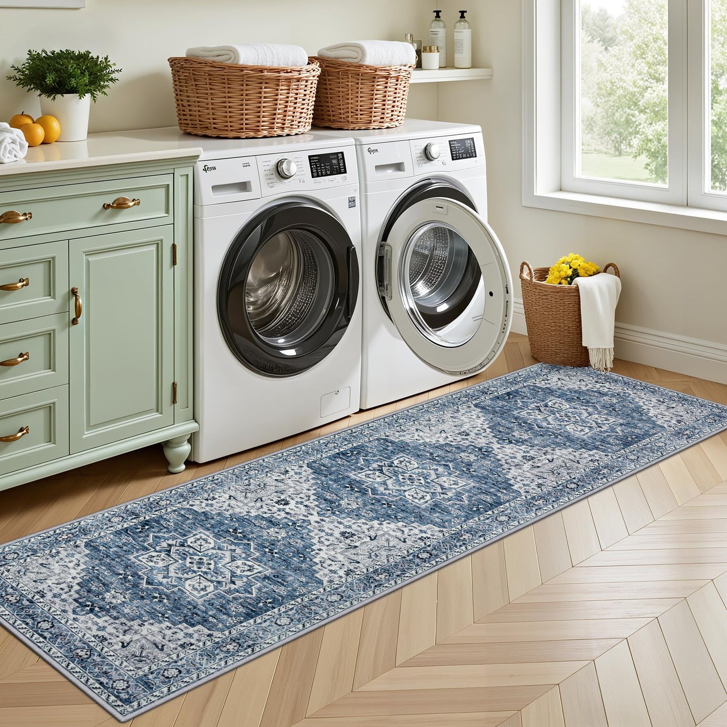 Hallway Runner Rug Non Slip - Washable 2.6x8 Kitchen Rugs for Living Room, Low-Pile Soft Bedroom Rug Indoor Floor Stain Resistant Carpets for Entryway, Laundry, Bathroom Blue