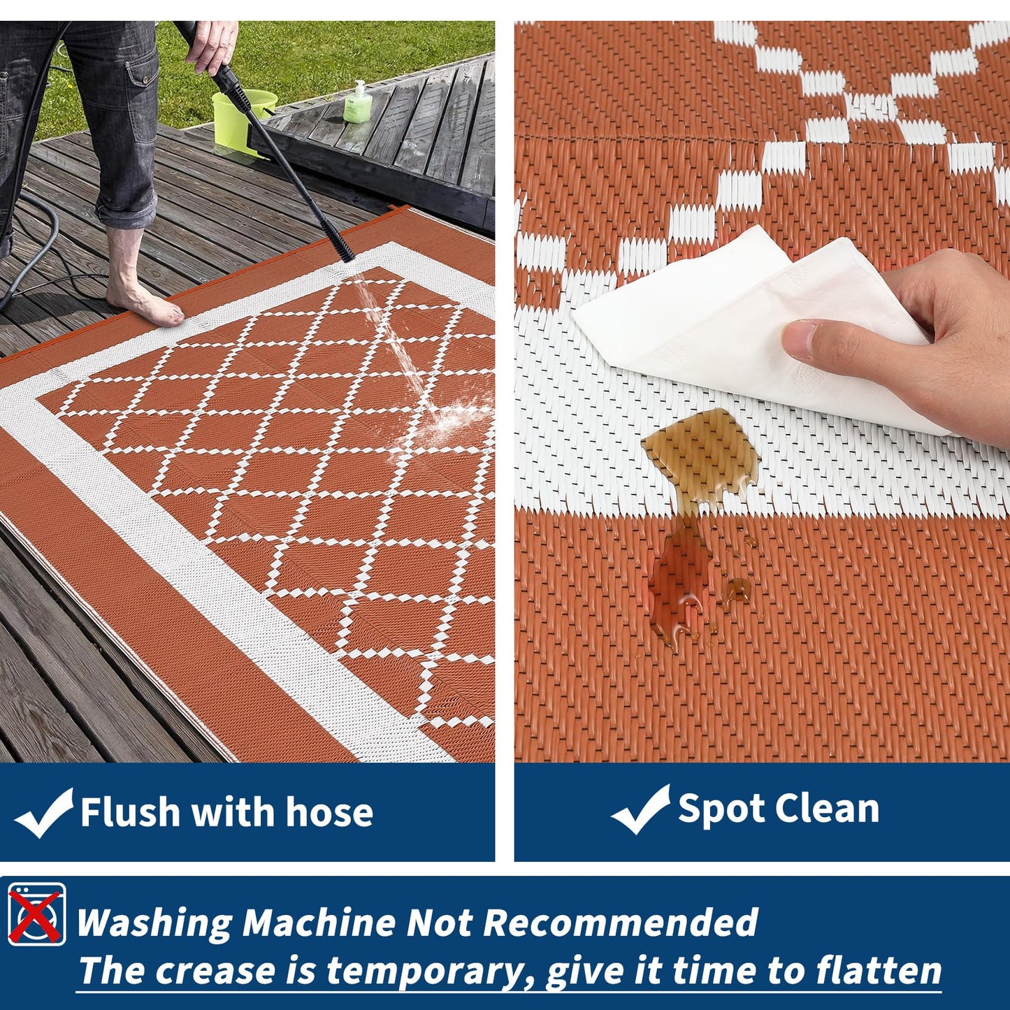 MilleLoom 9x12 Outdoor Rug Waterproof Foldable Plastic Straw Carpet for Patio Porch Modern Geometric Reversible Mat Lightweight Floor Mat for Picnic, Backyard, Rv, Beach, Deck, Camper, Balcony，Orange