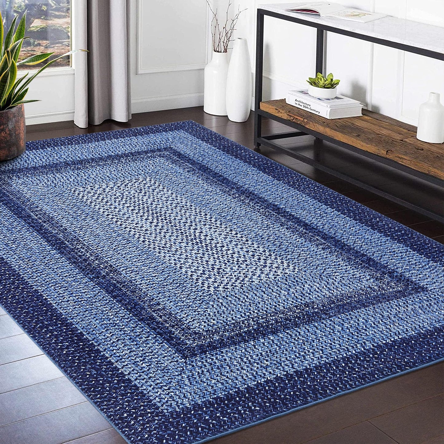 GlowSol 5x7 Area Rugs Washable Rugs Modern Geometric Throw Rug Modern Ombre Braided Rug for Living Room Non Slip Bedroom Rug Non-Shedding Carpet Accent Rug for Dining Room Kids Playroom Office,Navy