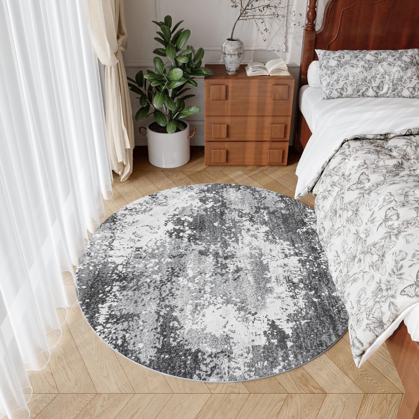 Round Area Rugs 4ft Washable Grey Circle Rug for Entryway Kitchen, Non Slip Soft Low Pile Stain Resistant, Boho Circular Carpet for Living Room Bedroom Dorm Dining Room Table, Abstract Gray