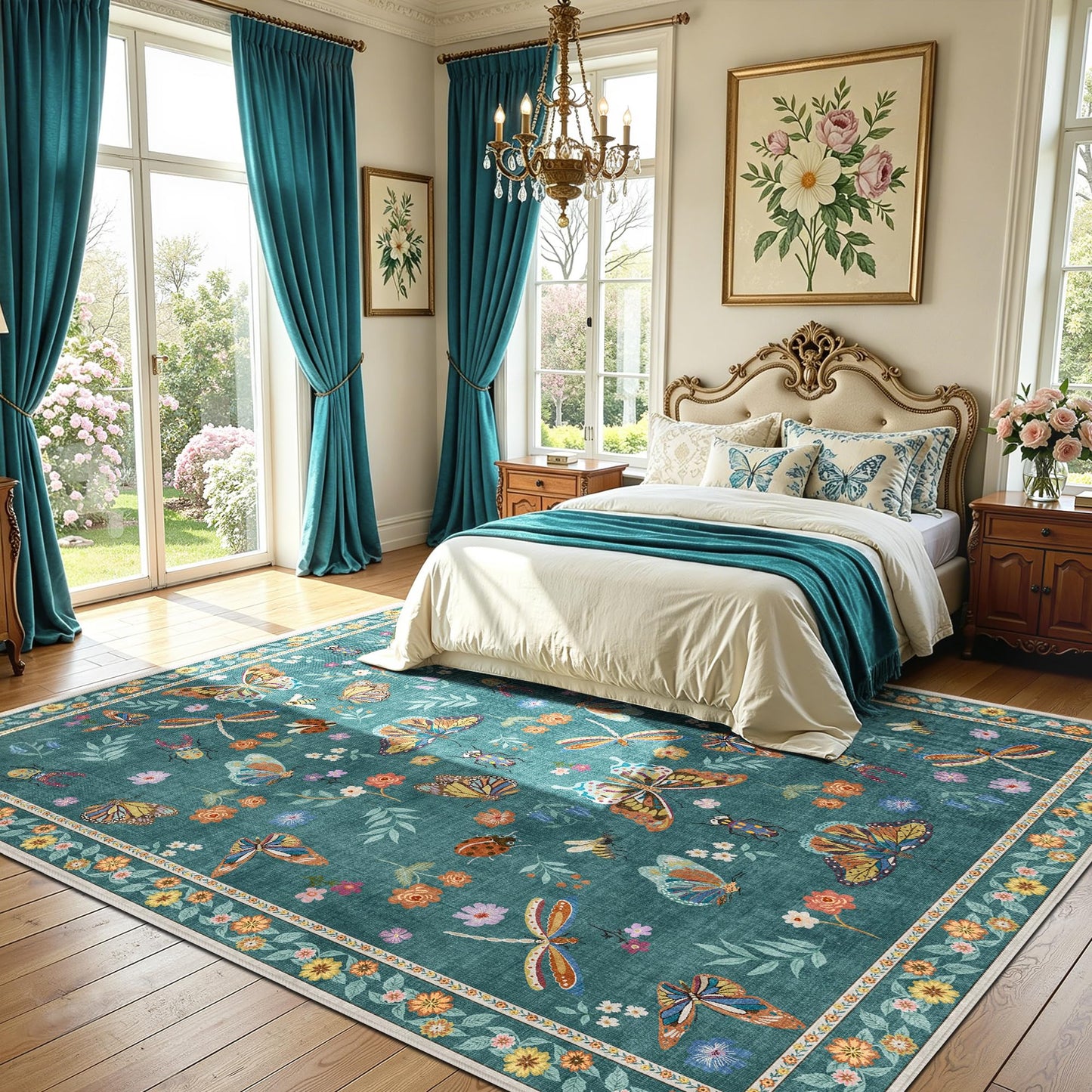 AIMPEAK Insect Washable Rugs 8x10 Teal, Soft Butterfly 8x10 Area Rugs for Living Room Indoor, Non Slip Bug Bedroom Rug Under Bed Thin Large Carpet with Flowers for Dining Room Office Playroom