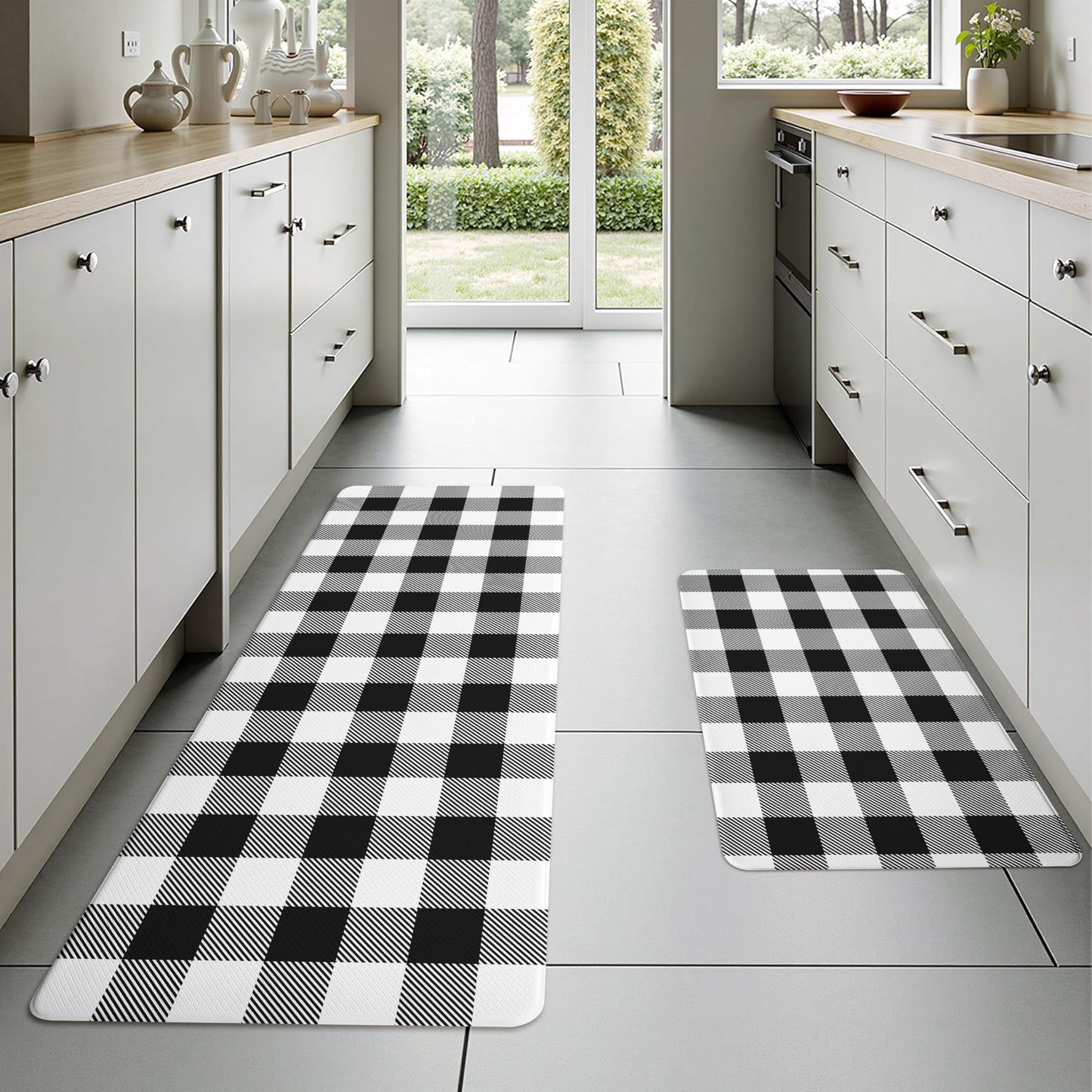 VivaNest Black Buffalo Check Plaid Grid Kitchen Rug Sets [2 PCs], Anti-Fatigue, Waterproof Non-Slip Kitchen Mats Heavy Duty Ergonomic Comfort Foam Rug for Floor, Home, Laundry,17.3"x29"+17.3"x47"