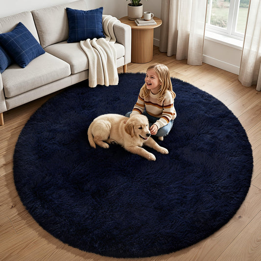 KIXINWA Round Rug for Bedroom, 6x6 Area Rug for Living Room, Fluffy Carpet for Kids Nursery Dorm Room, Soft Shag Non Slip Indoor Floor Rugs, Home Décor Aesthetic Carpet, Machine Washable, Navy Blue