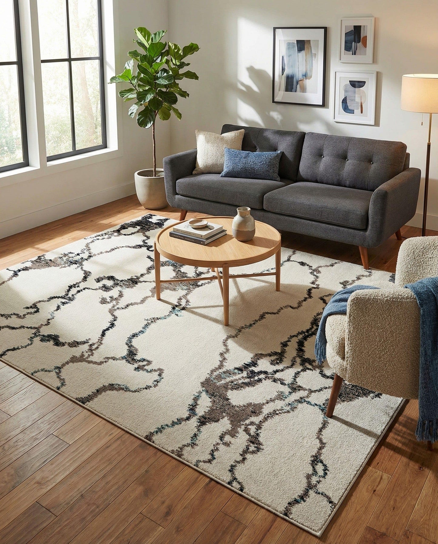 Rugs.com - Madeline Collection Rug – 6' 1 x 9' Ivory Modern Area Rug – Abstract Marble Design for Living Room, Bedroom, and Dining Room