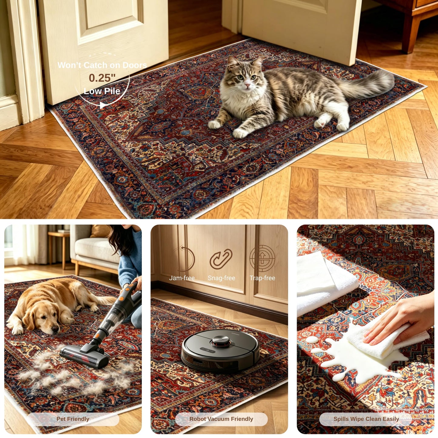 PESSEN Red 3x5 Washable Area Rug, Low Pile Indoor Rug for Entryway Kitchen Bedroom Laundry Room, Non Slip Rubber Backing, Pet & Kids Friendly, Stain & Fade Resistant
