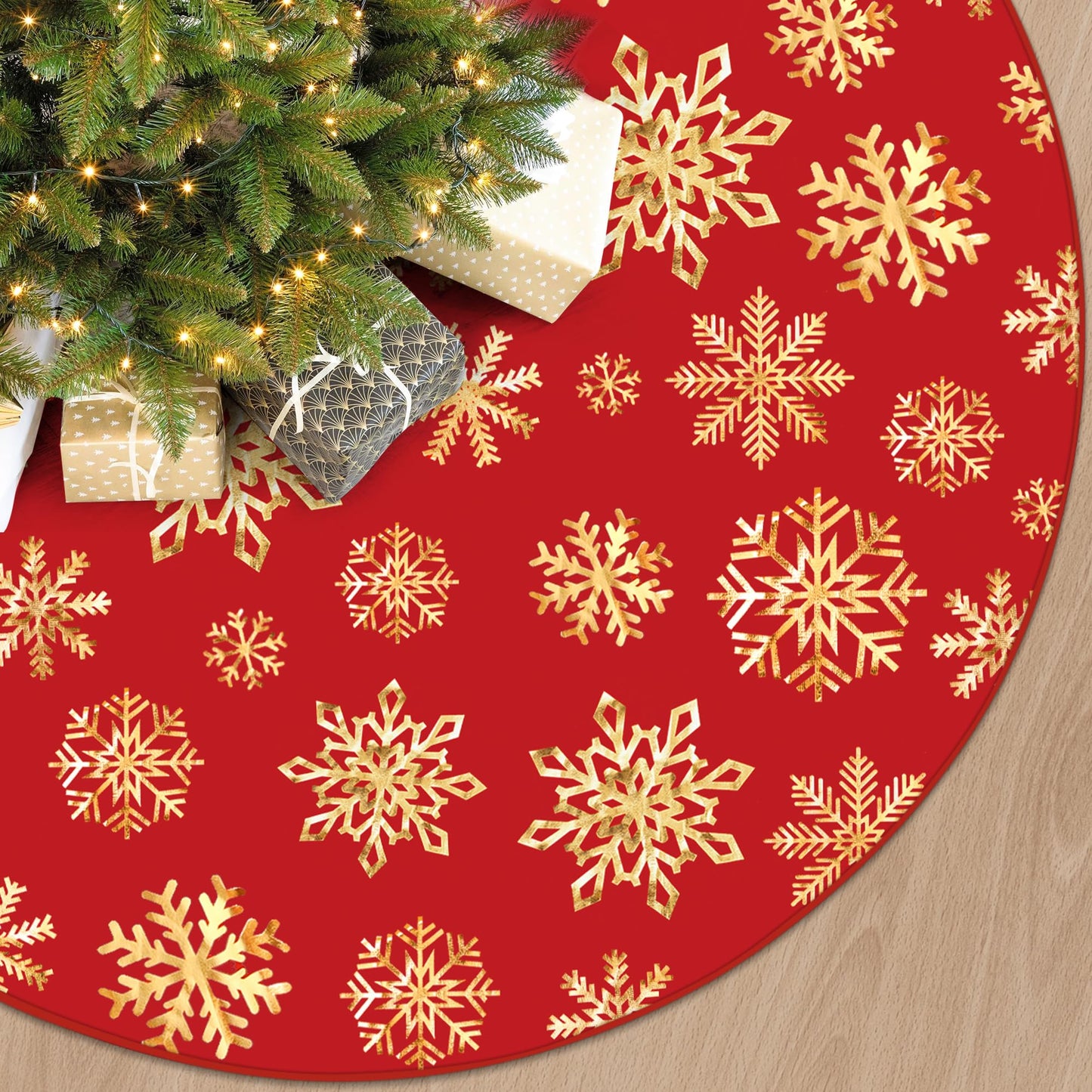 48 Inch Christmas Snowflake Tree Skirt Gold Snowflake Red Christmas Tree Skirt Large Red Round Xmas Trees Mat with Gold Snowflakes for Winter Holiday New Year Party Xmas Trees Home Decor