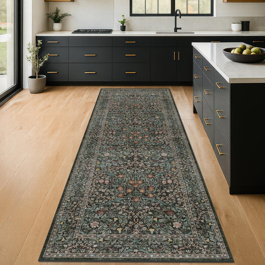 Non Slip 2x6 Kitchen Runner Rug Washable, Rubber Backed Bathroom Runner, Boho Vintage Floral Botanical Dark Green Non Skid Low Pile Soft Carpet for Entryway, Laundry Room, Hallway Mats for Floor