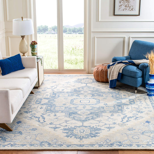 SAFAVIEH Area Rug 8x10 - Micro-Loop Collection - Large - Ivory & Blue, Handmade Wool, Shabby Chic Design, Ideal for Living Room, Bedroom, Office, Dining Space (MLP503G)
