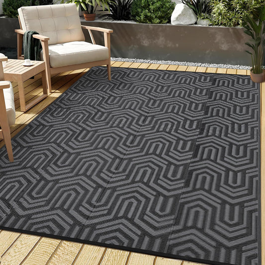 MilleLoom 9x12 Outdoor Rug Waterproof Foldable Plastic Straw Carpet for Patio Porch Abstarct Line Reversible Mat Lightweight Floor Mat for Picnic, Backyard, Rv, Beach, Deck, Camper, Balcony，Black/Grey