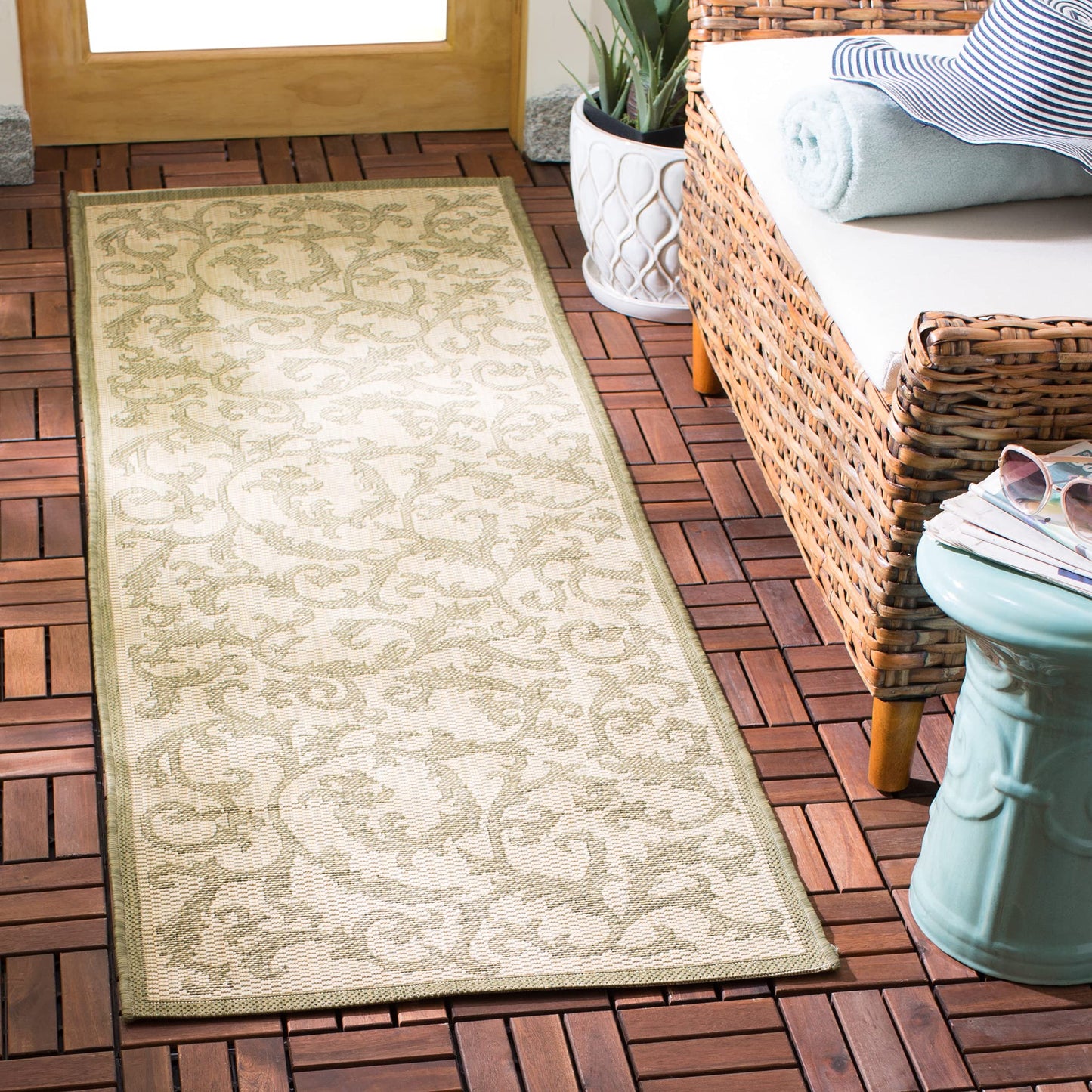 SAFAVIEH Washable Rug Outdoor Courtyard Collection - 2'3" x 10' Runner, Natural & Olive, Non-Shedding & Easy Cleaning, Ideal for Patio, Entryway, Mudroom, Hallway, Kitchen (CY2653-1E01)