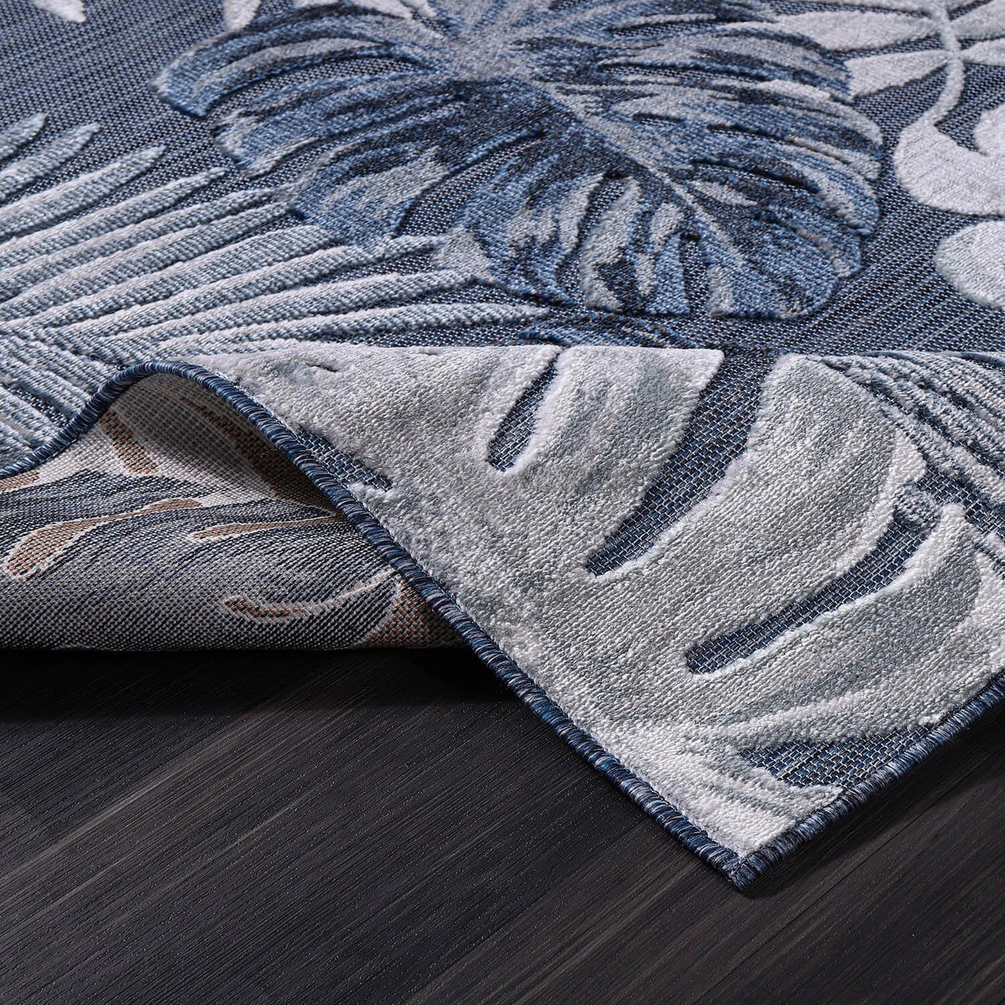CAMILSON Indoor Outdoor Rug, Navy 7’10”x10’ Leaf Tropical Botanical Area Rugs for Indoor and Outdoor patios, Easy-Cleaning Non-Shedding Living Room, Garden and Kitchen Washable Outside Carpet (8x10)
