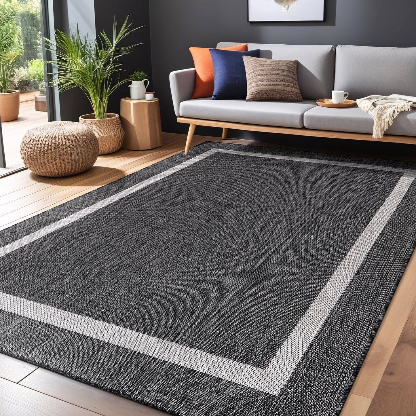 Luul Home Bordered Outdoor Rug 10x14 Washable Outside Carpet for Indoor Patio Porch Waterproof Easy Cleaning Non Shedding Area Rugs Gray 10 x 14