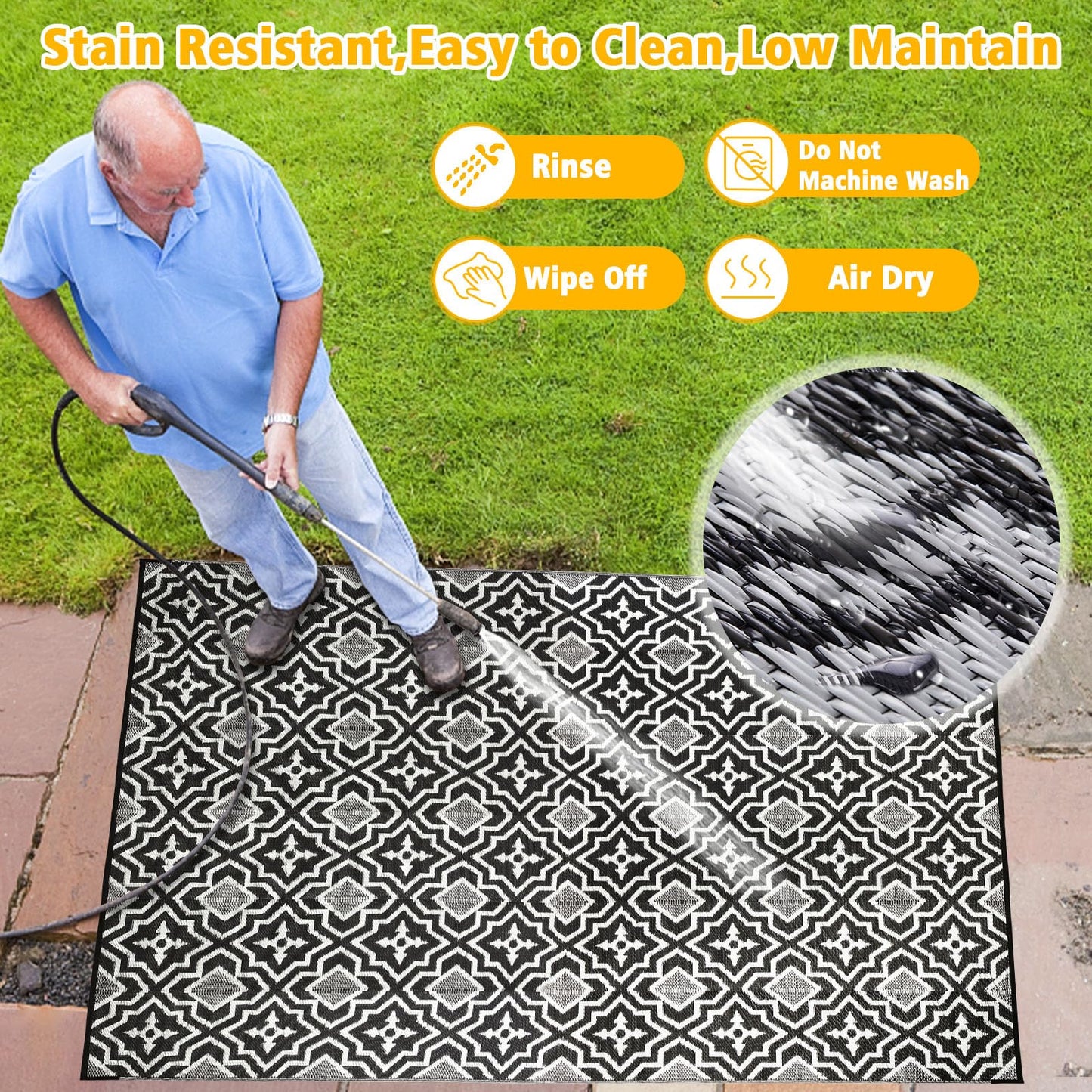 Alfolo Outdoor Rug Waterproof 4x6 Outdoor Mat Small Porch Balcony Rug,Reversible Plastic Straw Rug for Camping Black and White Outdoor Mats for Patio, Deck, RV, Camping, Beach, Backyard