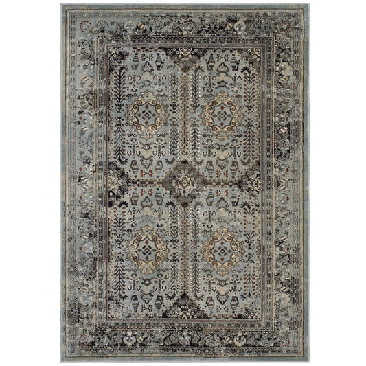 Modway Enye Distressed Vintage Floral Lattice 8x10 Area Rug in Brown and Silver Blue