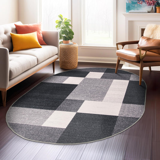 Rugshop Gray Modern Geometric Boxes Non-Slip Area Rug Non-Shedding for Dining Area, Bedroom and Living Room, 5' x 7' Oval