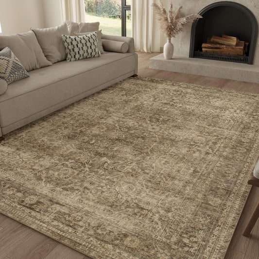 FMFUNCTEX 5x7 Washable Area Rug Neutral Vintage Brown Non Slip Low Pile Traditional Indoor Carpet for Living Room Bedroom Soft Retro Floral Mat Throw Rug for Dining Office Kitchen Dorm Entryway