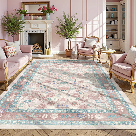 Deerly Pink Floral Area Rugs 5x7 Boho Washable Non-Slip Living Room Carpet Soft Low Pile Vintage Thin Bedroom Floor Mat Indoor for Playroom Nursery Kids Girls Room Farmhouse, Light Pink/Blue/Multi