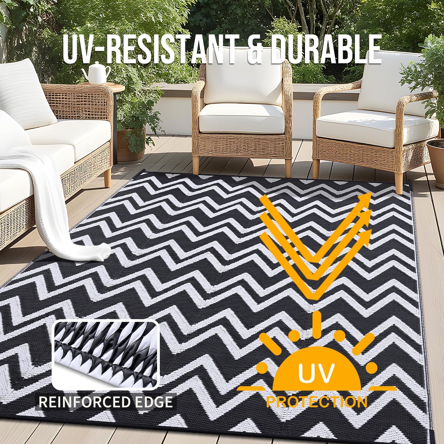OLANLY Waterproof Outdoor Rug 8x10 ft Clearance, Reversible Outdoor Plastic Straw Rug, RV Mat, Indoor Outdoor Carpet for Patio, Camping, Balcony, Deck, Backyard, Black & White