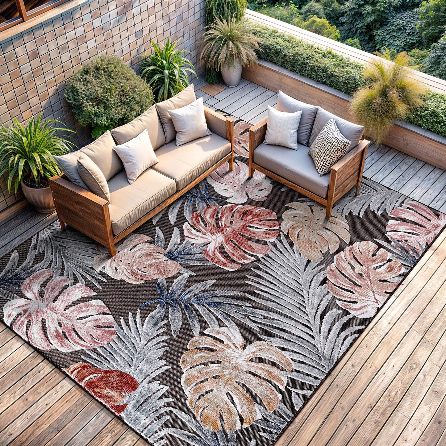 CAMILSON Indoor Outdoor Rug, Brown 10’x14’ Leaf Tropical Botanical Area Rugs for Indoor and Outdoor patios, Easy-Cleaning Non-Shedding Living Room, Garden and Kitchen Washable Outside Carpet (10x14)