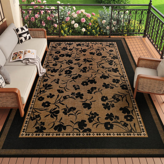 FALARK Easy Jute 4x6 Outdoor Patio Rug, Washable Rugs for Entryway Indoor Living Room, Bohemian Brown Dense Floral Neutral Non Slip Thin Door Carpet for Backyard Bedroom Kitchen Office Balcony Decor