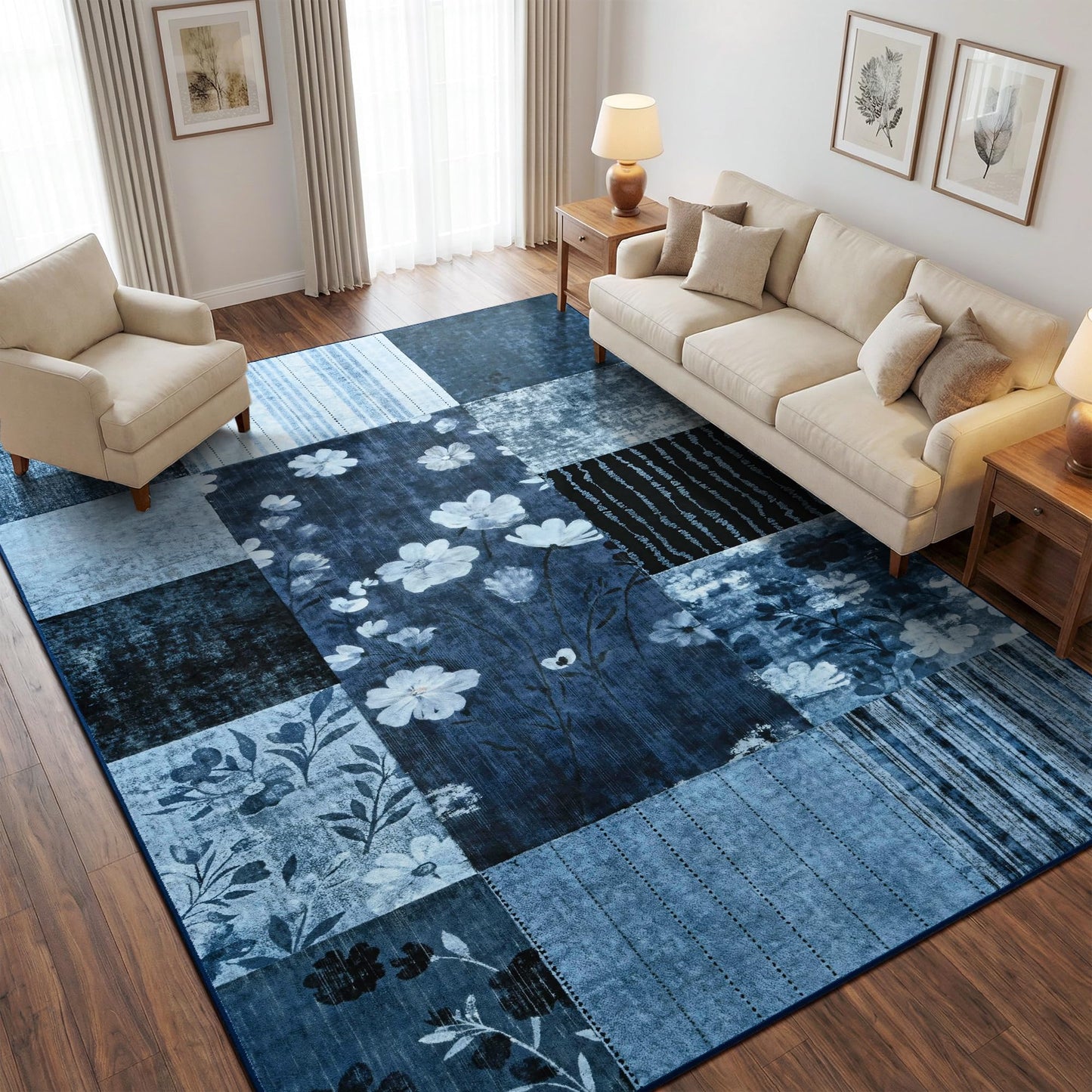 FALARK Modern Area Rugs for Living Room, 4x6 Feet Geometric Patchwork Rug, Washable Non-Slip Indoor Low Pile Carpets for Bedroom Dining Room Office Playroom Home Dorm Decor, Blue