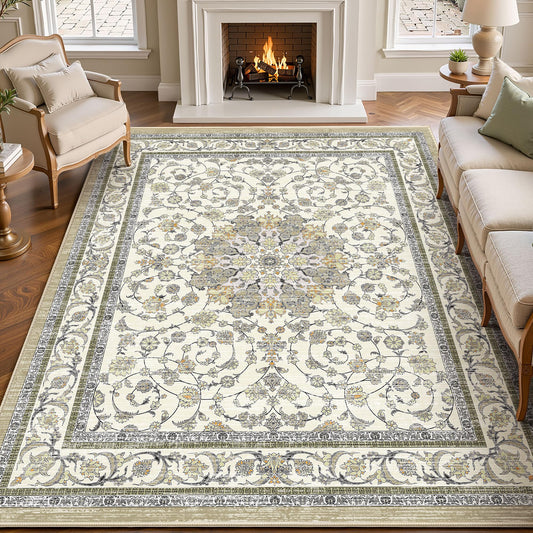 5x7 Rug for Living Room, Washable Non Slip Area Rugs Distressed Boho Floral Vintage Rug, Soft Low Pile Indoor Carpet for Bedroom, Dining Room, Home Office, Ivory/Pale Beige