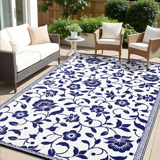 OLANLY Waterproof Outdoor Rug 9x12 ft, Outdoor Plastic Straw Rug with Flower Pattern, Reversible RV Mat for Patio, Camping, Balcony, Deck, Backyard, Navy & White