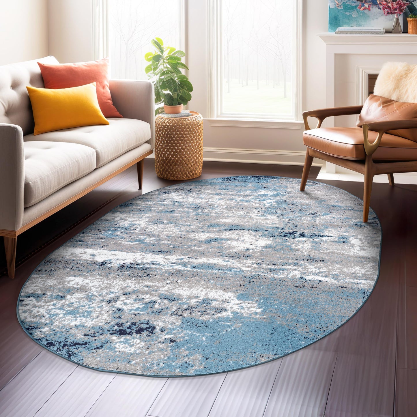 Rugshop Modern Distressed Blue Abstract Oval Area Rug Bohemian Inspired Watercolor for Dining Room, Living Room and Bedroom 5' x 7' Oval