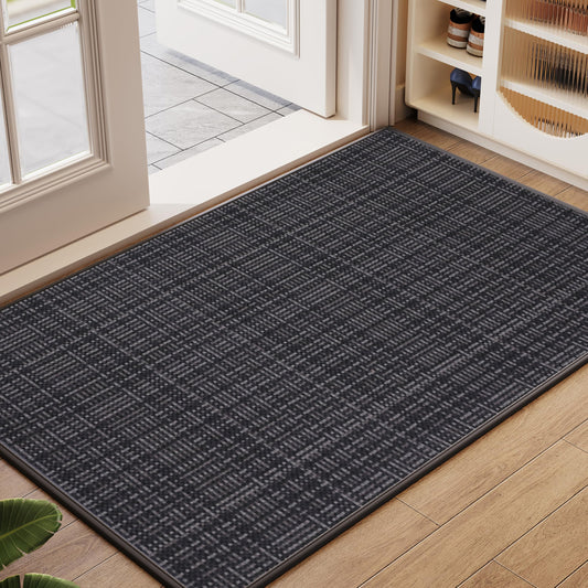 Indoor Front Door Mat Entry Mat 24"x36", Braided Low-Profile Welcome Door Mat Indoor Entrance, Non Slip Rubber Back Inside Entryway Doormat Washable Dirt Resistant & Absorbent, Black/Dark Gray 2x3 ft