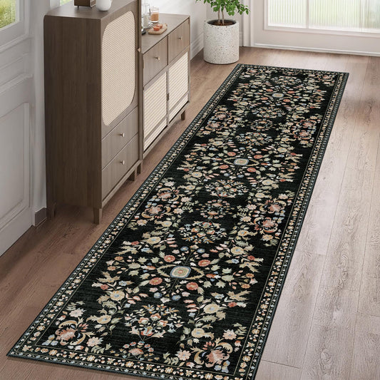 MUJOO Washable Runner Rug for Kitchen Hallways,2x8 Runner Rug Non Slip,Floral Carpet Runner for Bathroom Bedroom Laundry Floor,Long Mat Boho Indoor Vintage Low Pile Black