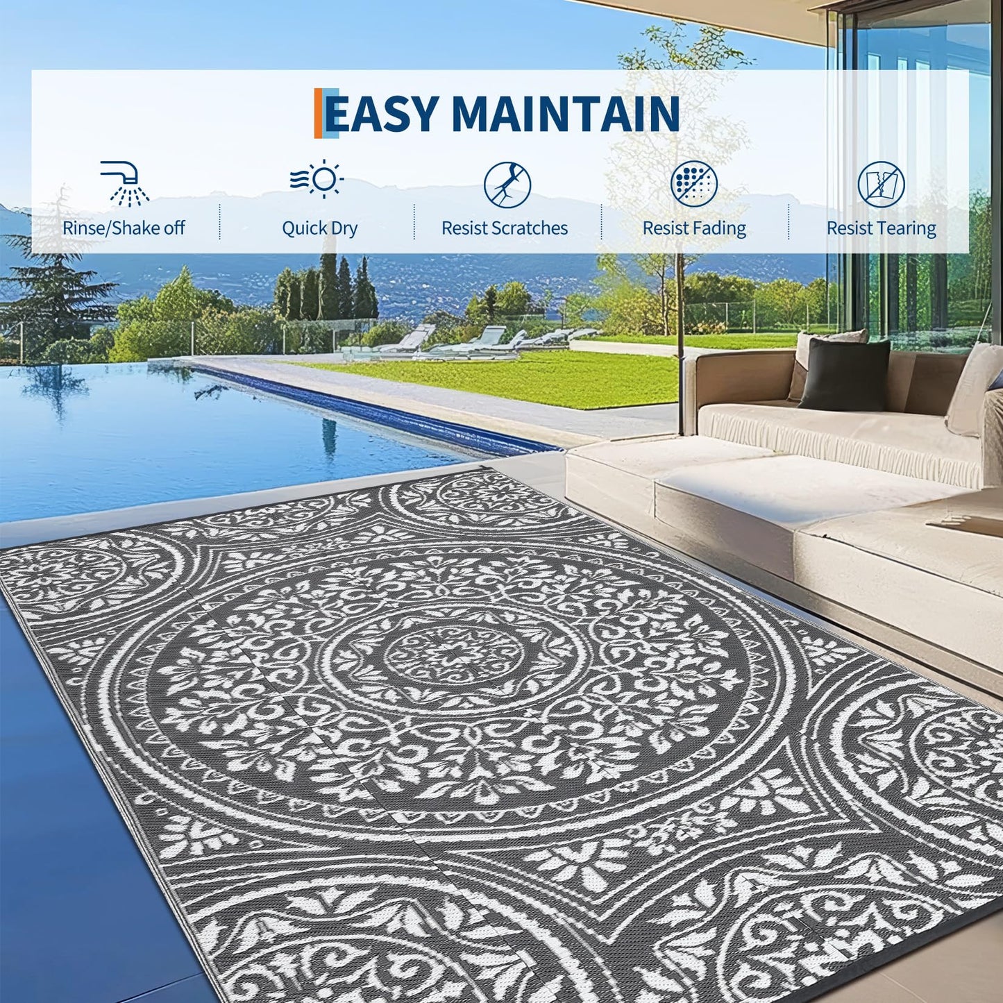 GarveeHome Large Waterproof Outdoor Rug 9x18 Reversible Floral Plastic Straw Rug, Durable UV Resistant Outdoor Carpet, Portable RV Camper Picnic Mat with Stakes & Carry Bag for Yard Poolside, Grey