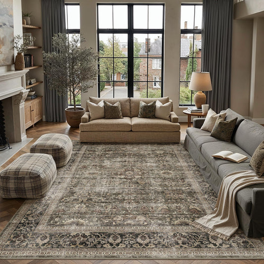 PureCozy 8x10 Area Rug Non Slip Large Vintage Living Room Distressed Washable Carpet Traditional Indoor Bedroom Grey Retro Floral Accent Throw Rug for Office Kitchen Dorm Dining Room,Brown