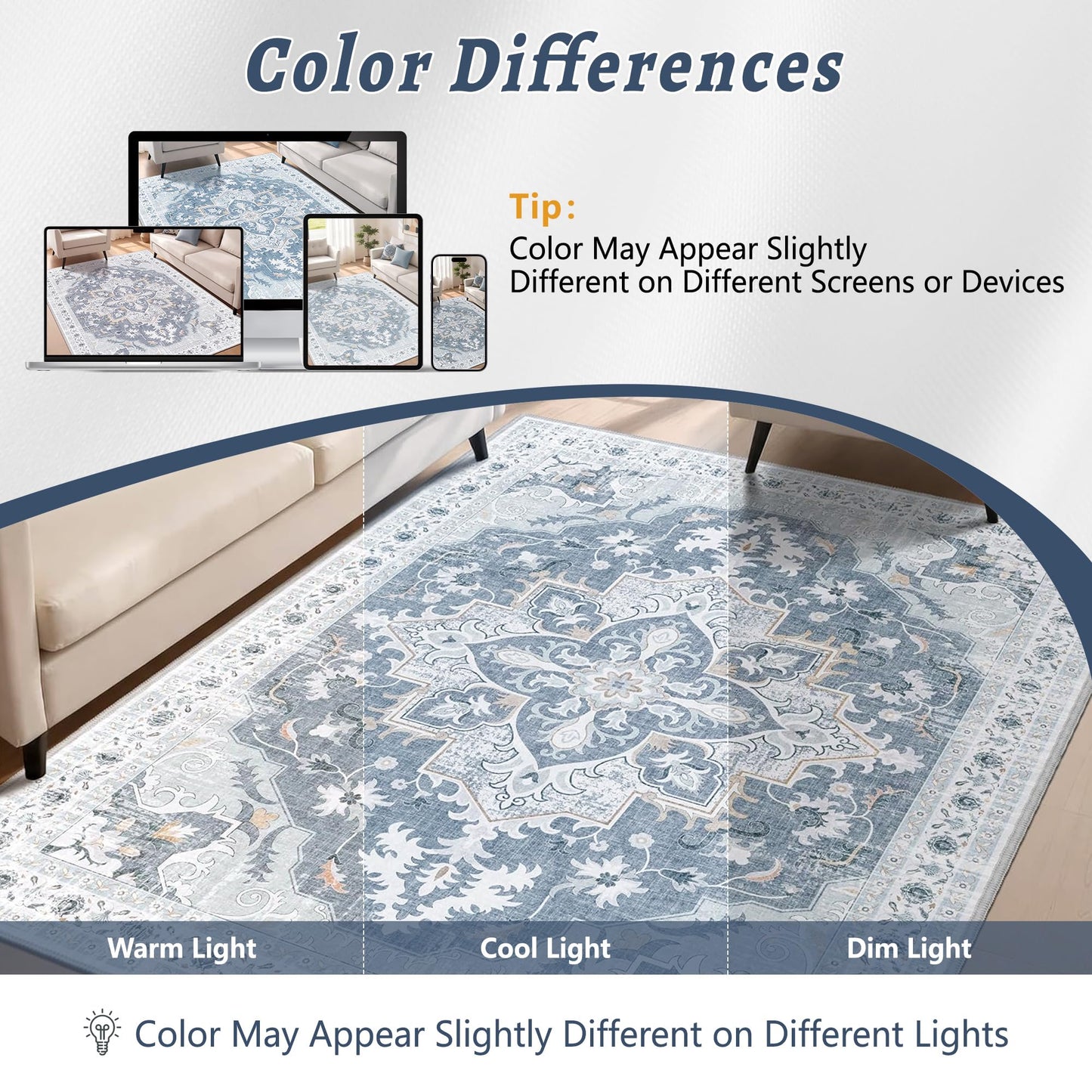 TTelephant 4x6 Area Rug, Soft Non-Slip Vintage Medallion Rug, Low-Pile Printed Indoor Washable Area Rugs for Living Room, Bedroom Bedside, Entryway, Kitchen -Blue/Gray