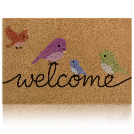 Yinhua Colorful Birds Coir Doormat, Low Pile Welcome Mats with Non-Slip Rubber Backing, Natural Front Door Mat Coconut Fiber Surface, Heavy Duty Door Mats for Entryway Porch 24"x36"